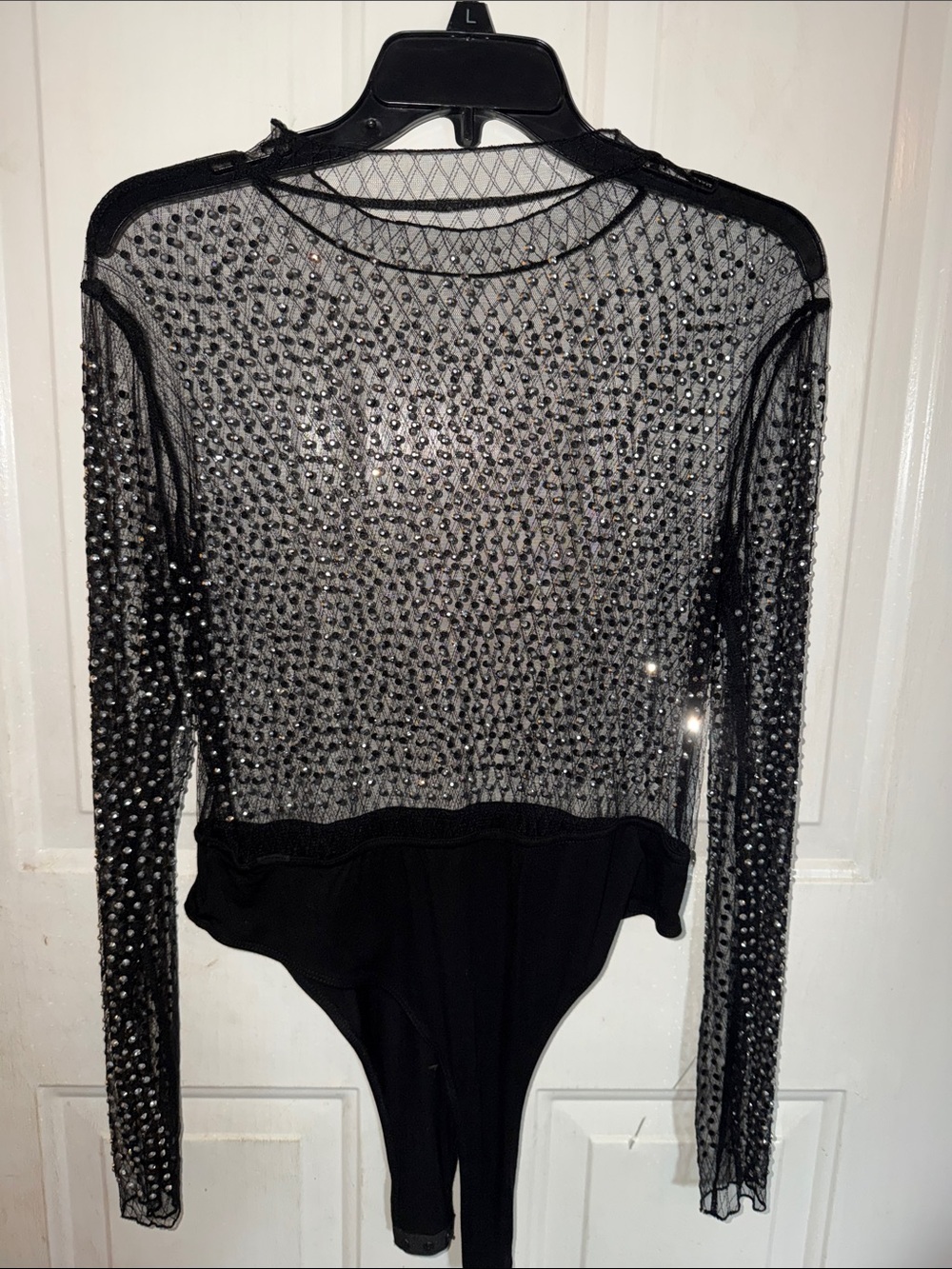 SHEIN Black Rhinestone Sheer Mesh Long-Sleeve Bodysuit